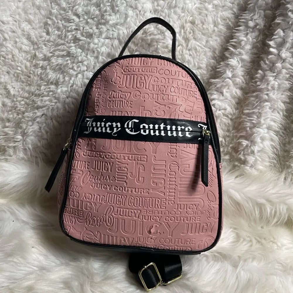 Juicy Couture Vinyl Blush Pink Gothic Word play Small Backpack with black trims